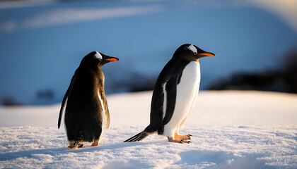 Obraz premium Adorable pair of penguins standing together on a snowy landscape