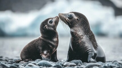 Fototapeta premium Adorable Seal Pup and Adult Engaging in Affection
