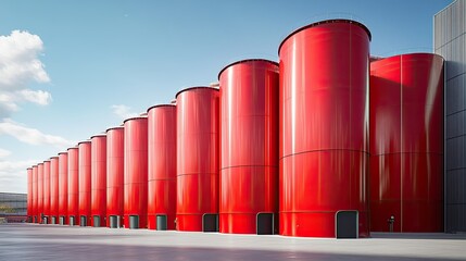 Obraz premium Bright Red Industrial Storage Tanks in Outdoor Setting