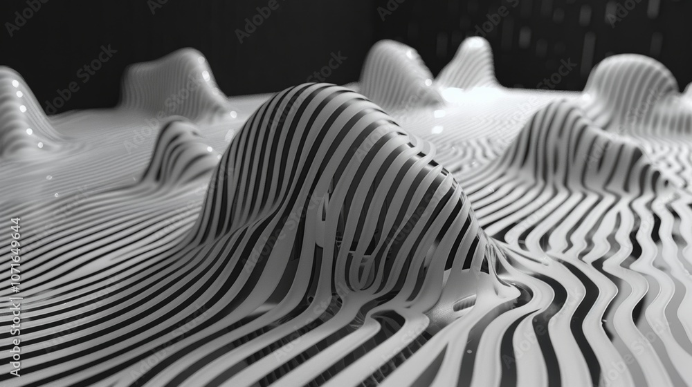 Poster a mesmerizing black and white abstract landscape featuring reflective wavy patterns and peaks in a c