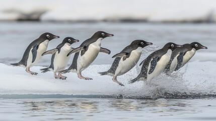 Obraz premium Penguins Jumping into the Water in Arctic Environment
