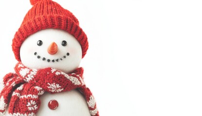 3D render of a cute, smiling snowman wearing a red hat and scarf on a white background