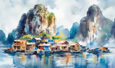 Watercolor Aerial view floating fishing village and rock island, Halong Bay, Vietnam, Southeast Asia.