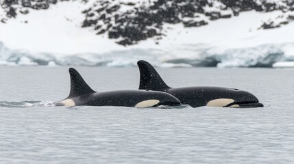 Fototapeta premium Orcas swimming in icy waters with snowy background