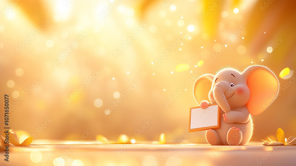 Poster charming illustration of elephant holding blank sign in warm, golden environment. scene is filled with soft light and gentle autumn leaves, creating whimsical and joyful atmosphere
