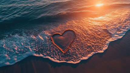 Fototapeta premium Love Heart Shape on Shore with Gentle Waves at Sunset