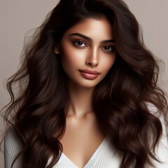 Fototapeta premium Portrait of a beautiful brunette woman with long hair, styled in a glamorous studio setting with simple makeup, and natural beauty