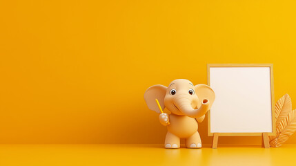 Cute cartoon elephant holding pencil beside blank frame on bright yellow background, perfect for children themes and playful designs