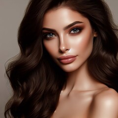 Fototapeta premium Portrait of a beautiful brunette woman with long hair, styled in a glamorous studio setting with close-up focus on her face, makeup, and natural beauty