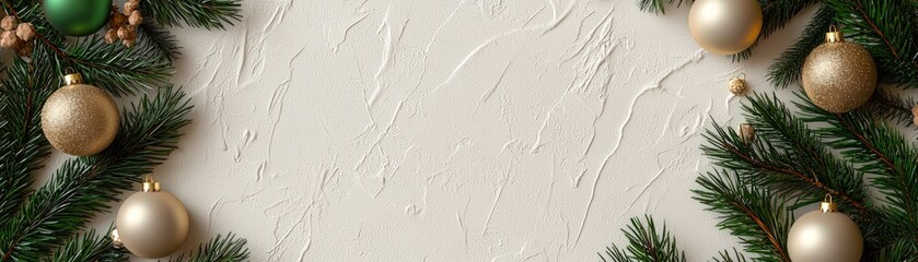 Obraz premium A festive background featuring green pine branches and gold ornaments, perfect for holiday celebrations and Christmas-themed decor.