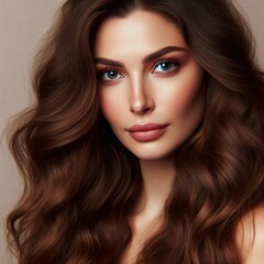Fototapeta premium Portrait of a beautiful brunette woman with long hair, styled in a glamorous studio setting with close-up focus on her face, makeup, and natural beauty