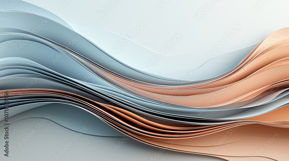 Poster soft flowing curves in shades of blue and orange create abstract background, evoking sense of calm a