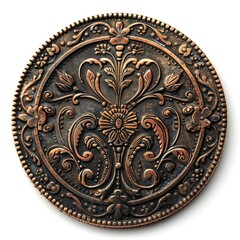 Antique copper coin isolated on white background, worn with intricate engravings