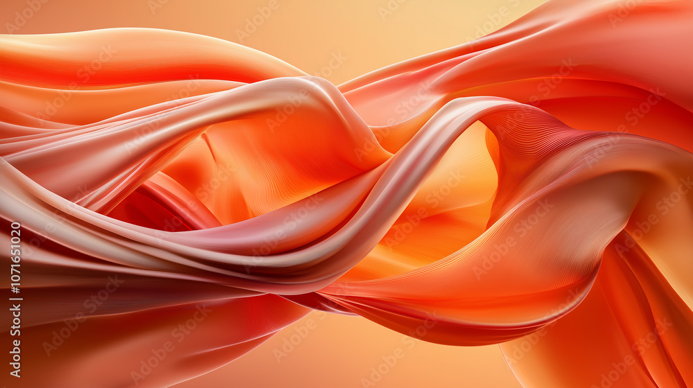 Poster Flowing layered fabric in warm orange tones creates abstract background. smooth curves and gentle waves evoke sense of movement and tranquility