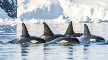 Naklejka premium Group of Orcas Swimming in Icy Waters