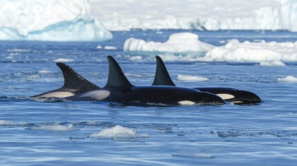 Fototapeta premium Group of Orcas Swimming in Icy Waters