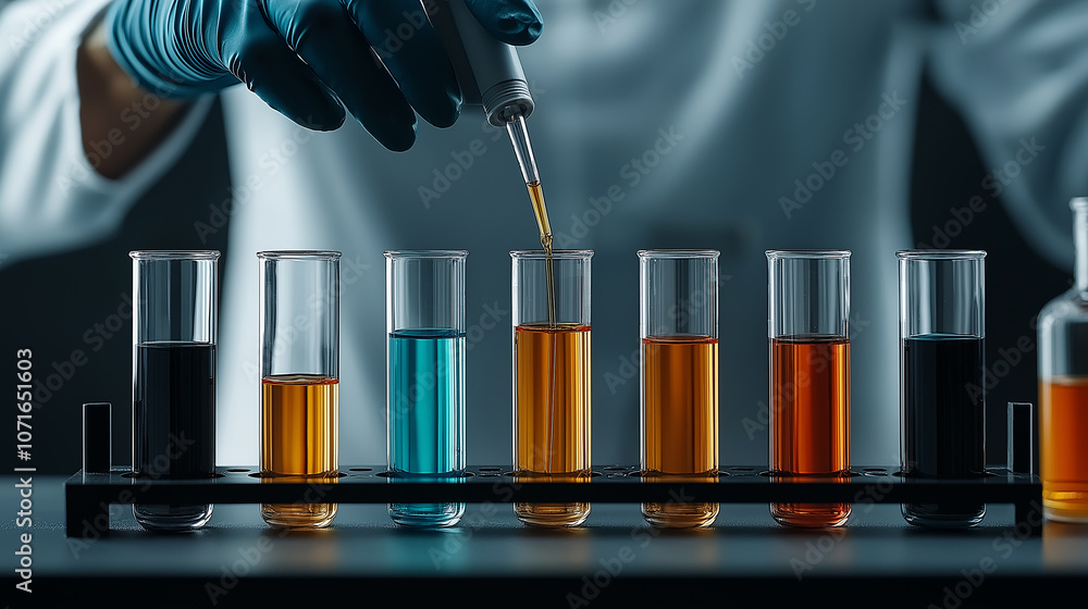 Poster Close up of laboratory glassware with colorful liquids being mixed. image showcases scientist hand using pipette to add liquid to test tube, highlighting vibrant colors of solutions