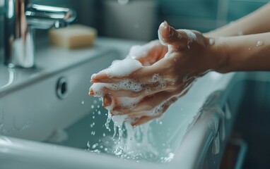 Close up of woman washing her hands using soap in modern elegant minimalistic bathroom with white retro sink. Eco friendly lifestyle, sustainable living, quiet luxury concept