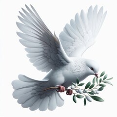 Fototapeta premium A white dove flying in the sky with olive branch symbolizing peace