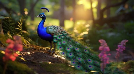 Majestic Peacock Standing in Forest. Generative AI.
