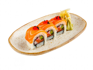 Savory sushi rolls on a decorative plate with garnish, white isolate background, PNG, Transparent, No background.
