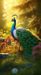 Majestic Peacock Standing in Forest. Generative AI.