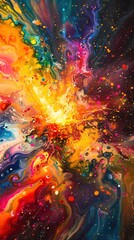 Fototapeta premium A vibrant, abstract painting of a cosmic explosion, with swirling, luminous colors and particles radiating outward. The composition is dynamic, capturing the energy and chaos of the event.