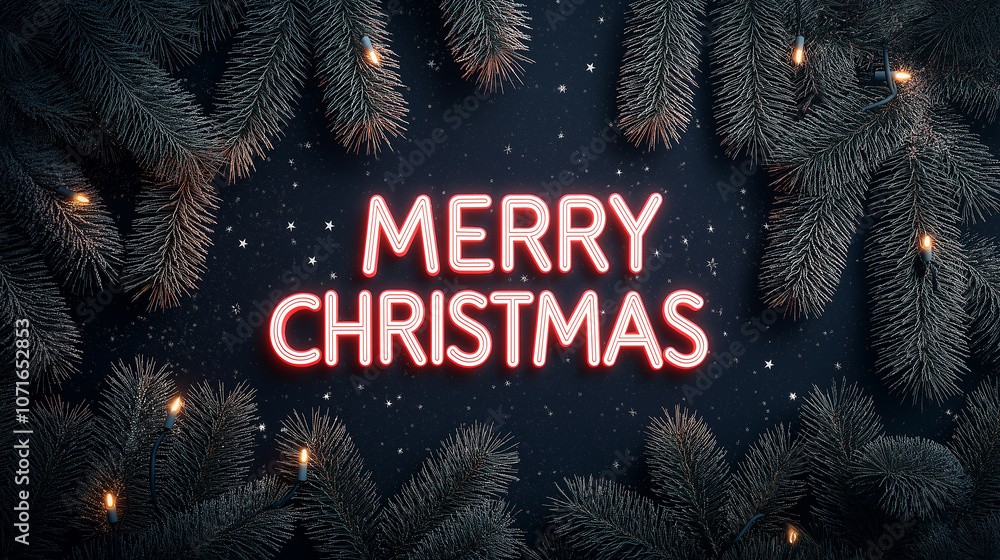 Poster merry christmas text surrounded by pine branches and stars, creating festive atmosphere. perfect for