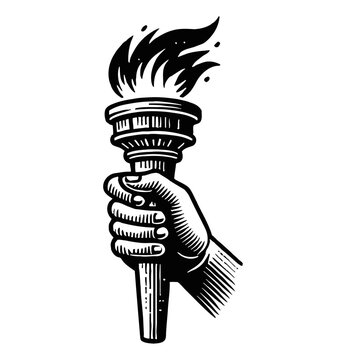 hand holding torch engraving black and white outline