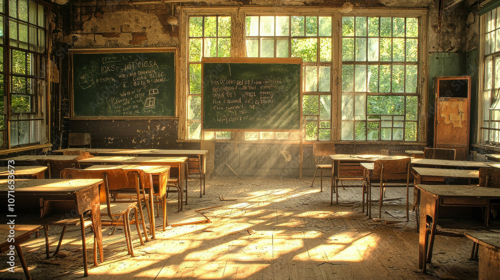 Poster abandoned classroom with dusty desks and sunlight streaming through windows in an old building with 
