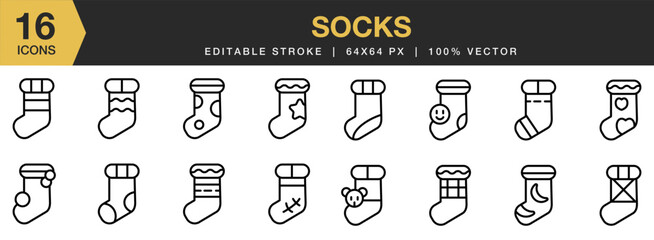 Sock icon set. Editable Stroke Icon Collection. Includes Clothes, Foot, Pair, Sock, Warm, Winter, and More. Outline icons vector collection.