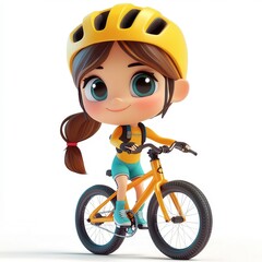 A cheerful girl wearing a yellow helmet rides her bright orange bike during a sunny day