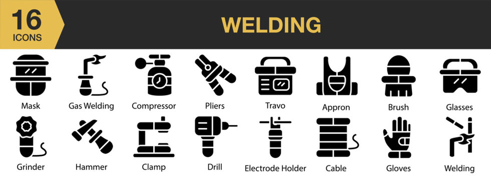 Welding solid icon set. Includes welding, travo, pliers, mask, hammer, grinder, and More. Solid icons vector collection.