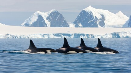 Fototapeta premium Pod of Orcas Swimming in Icy Waters with Mountains