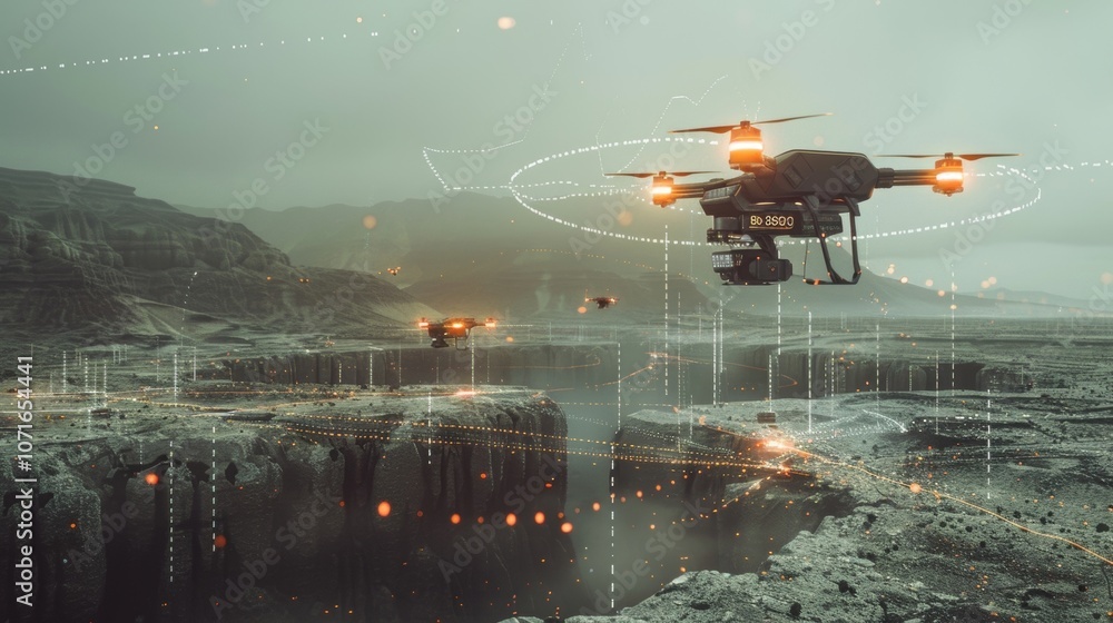 Poster futuristic drones are exploring and mapping a desolate alien planet, collecting data and navigating 