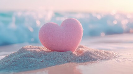 Fototapeta premium Pink Heart on Beach Sand with Ocean Background