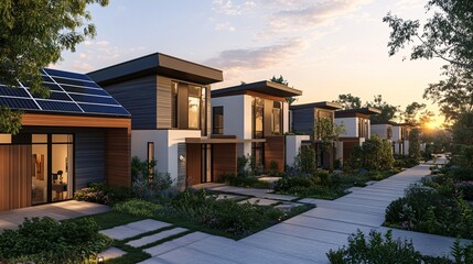 Fototapeta premium Modern Homes with Solar Panels at Sunset