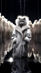 A fashionable cat, dressed in stylish gray clothes, walks on two paws on the catwalk. Generative AI