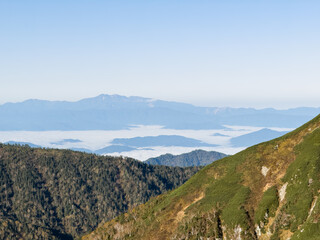北アルプス小池新道から雲海越しに望む白山連峰の美しい山並み