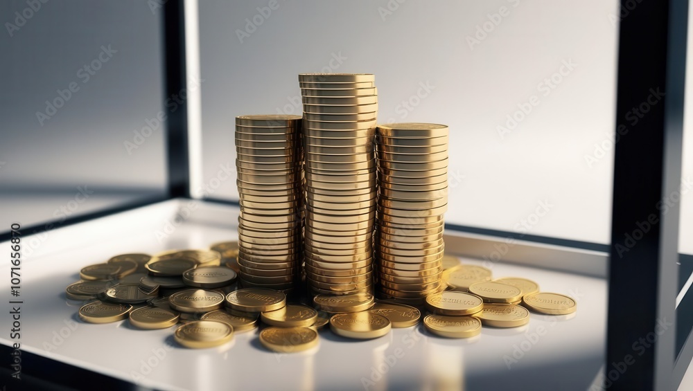 Poster a stack of shiny gold coins towers above scattered coins, creating a visually striking representatio