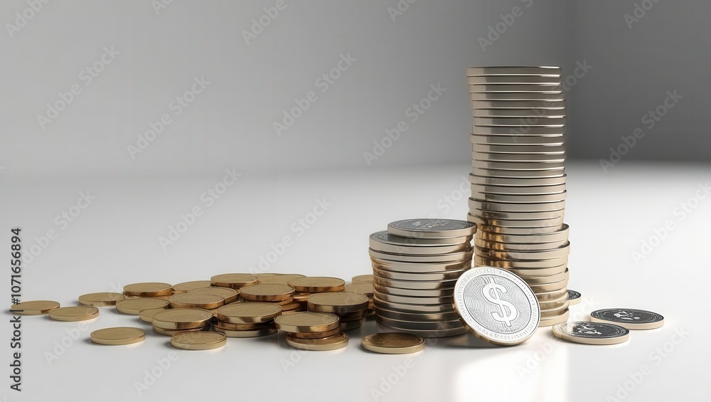 Poster a close-up view of shiny coins stacked and scattered on a surface, reflecting light, symbolizing wea
