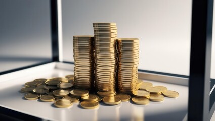 A stack of shiny gold coins towers above scattered coins, creating a visually striking representation of wealth and prosperity.