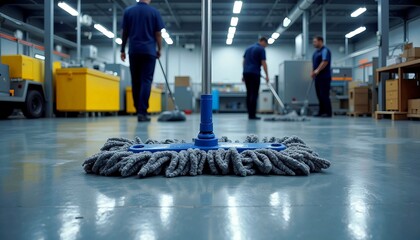 Industrial cleaning crew using mops in a spacious facility, focused on maintaining cleanliness
