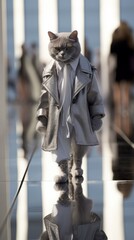 A fashionable cat, dressed in stylish gray clothes, walks on two paws on the catwalk. Generative AI