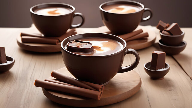 Cup of coffee humo tazas de cafe con stevia chocolate caliente con nata montada  bastones de caramel design.