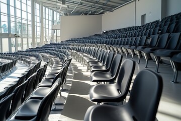 Fototapeta premium Empty auditorium with rows of black chairs and sunlight