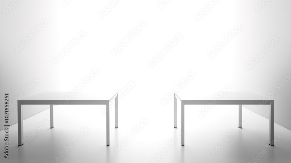 Poster minimalistic image of two tables in empty white room