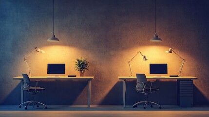 Modern office setup with symmetrical desks and lighting.