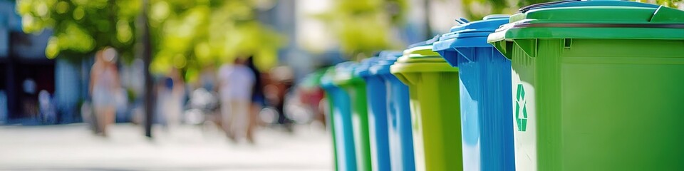 Row of green recycling bins on urban street, environmental care.