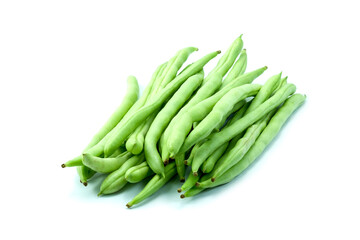 Heap of french bean, haricot bean, snap bean, string bean isolated on white background closed up stack 